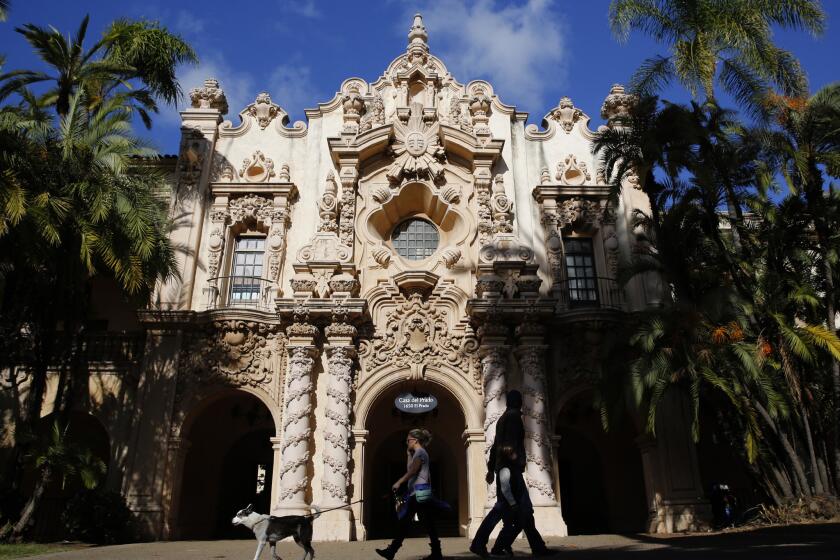 The Casa del Prado, along a pedestrian promenade in San Diego's Balboa Park boasts extensive ornamentation. The genre's popularity really took off after a 1915 expo in the park whose buildings brought back the glamour of "the old Spanish days."