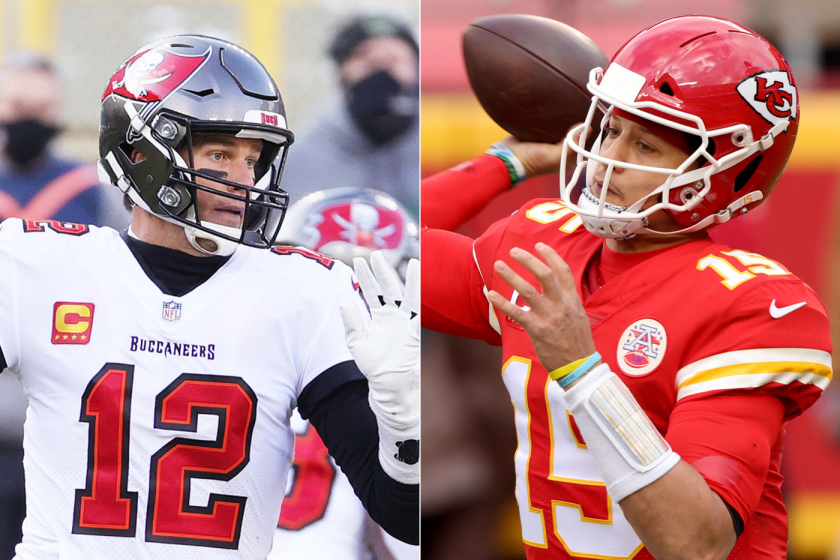 Tampa Bay Buccaneers quarterback Tom Brady, left, and Kansas City Chiefs quarterback Patrick Mahomes.