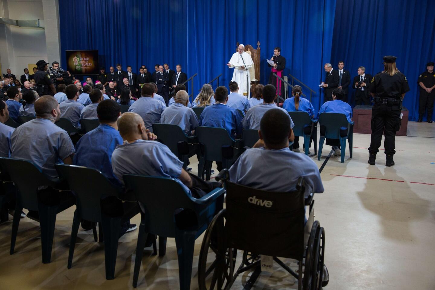 Pope Francis addresses inmates at the Curran-Fromhold Correctional Facility on Sept. 27, 2015, in Philadelphia.