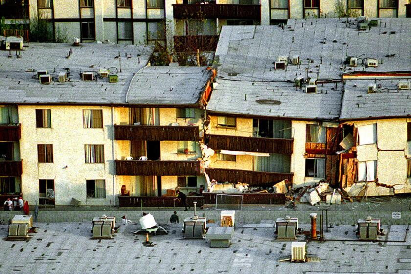 The Northridge Meadows apartment complex collapsed during the 6.7-magnitude earthquake Jan. 17, 1994.