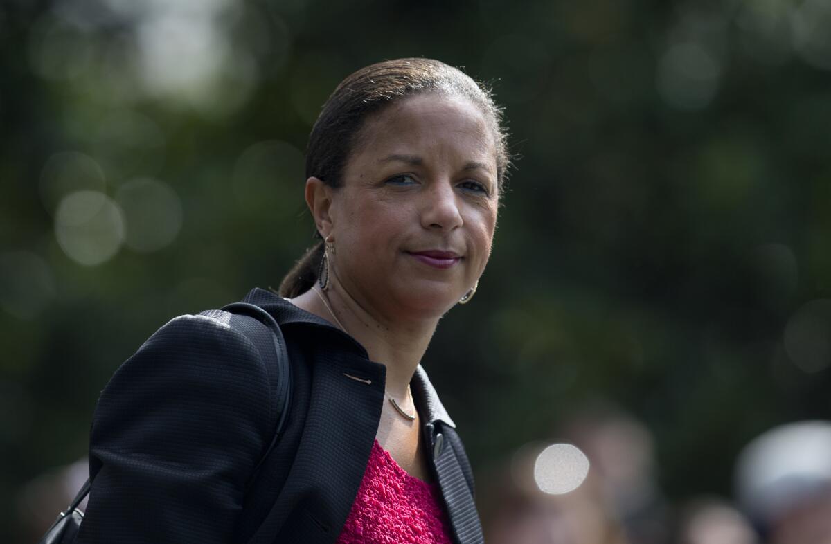 In July, 2016, then-National Security Advisor Susan Rice stands on the South Lawn of the White House.