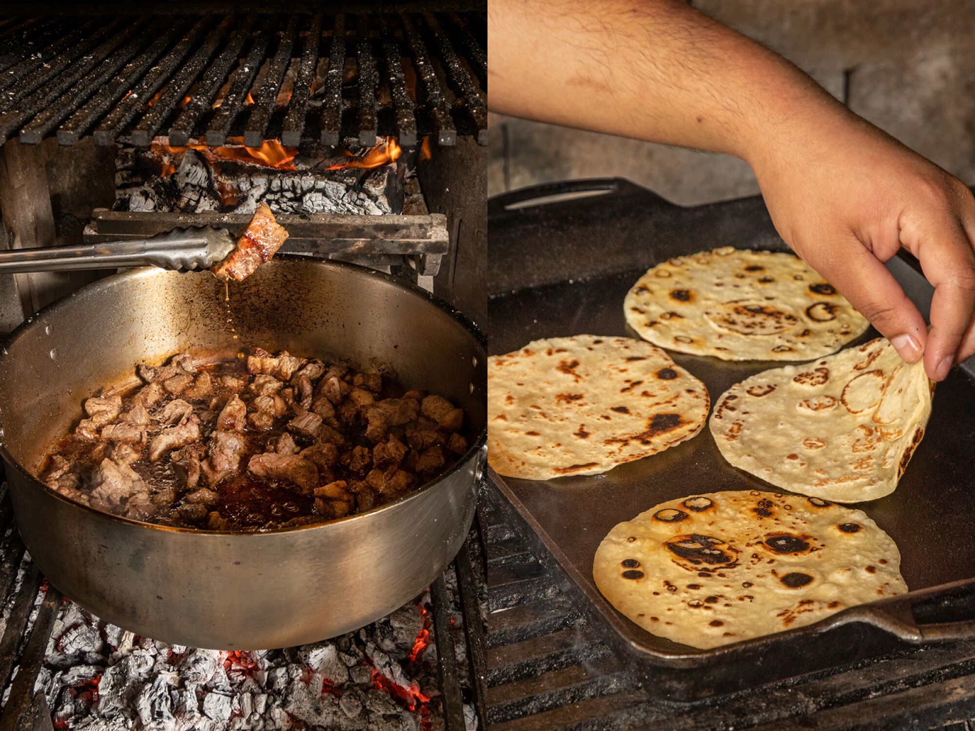 Chunks of pork are browned in a pot at Dunsmoor in Los Angeles for a stew paired tortillas cooked on a griddle.