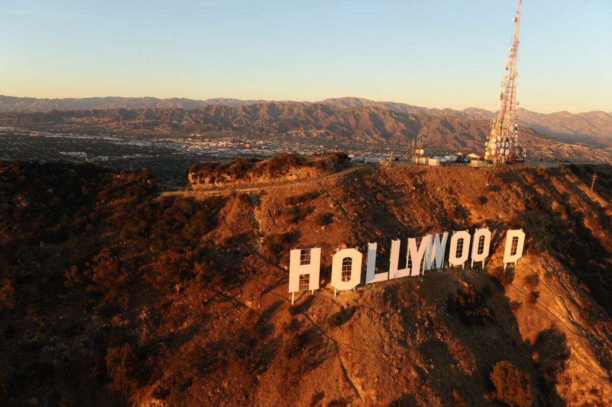 GRIFFITH PARK, CA NOVEMBER 4, 2014 -- Aerial view of the Hollywood Sign atop Mount Lee in Griffith Park taken on November 4, 2014. (Wally Skalij / Los Angeles Times)