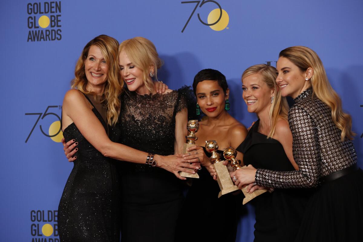 Laura Dern, Nicole Kidman, Zoe Kravitz, Reese Witherspoon and Shailene Woodley of "Big Little Lies" at the Golden Globe Awards on Jan. 7.