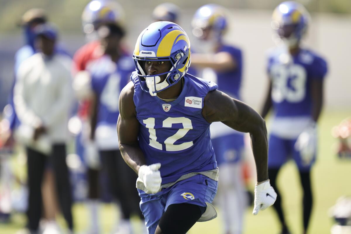 Rams rookie wide receiver Van Jefferson runs during a practice drill in Thousand Oaks.