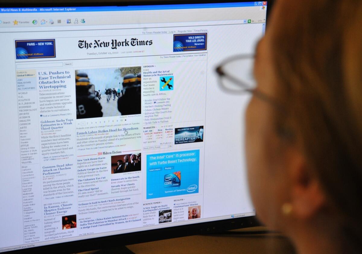 The New York Times website (shown here in 2010) was down for about an hour Wednesday morning due to a "technical difficulties." It was slowly being restored, the company's communications department said through Twitter.