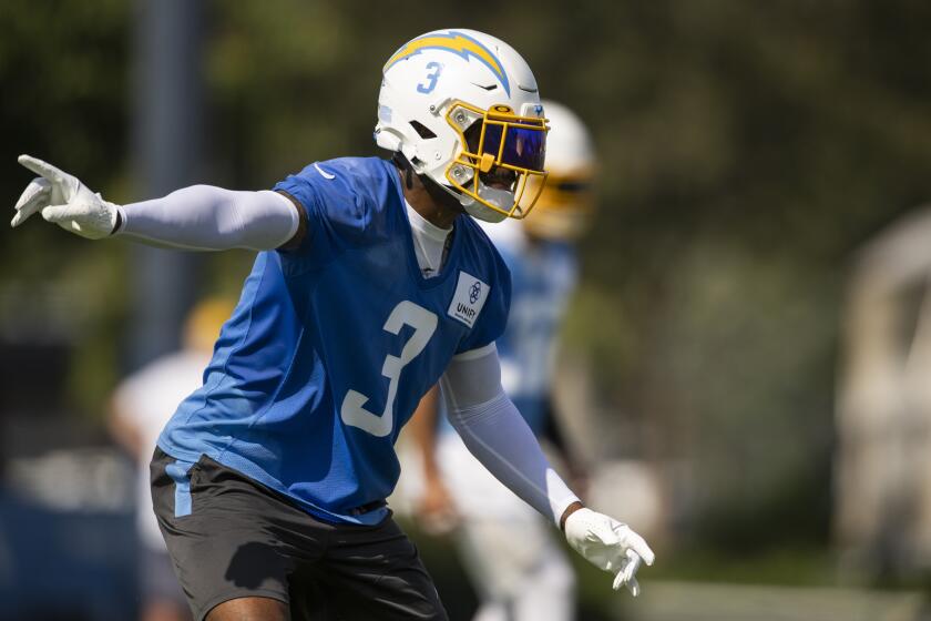 Chargers safety Derwin James Jr. gestures during a training camp session.