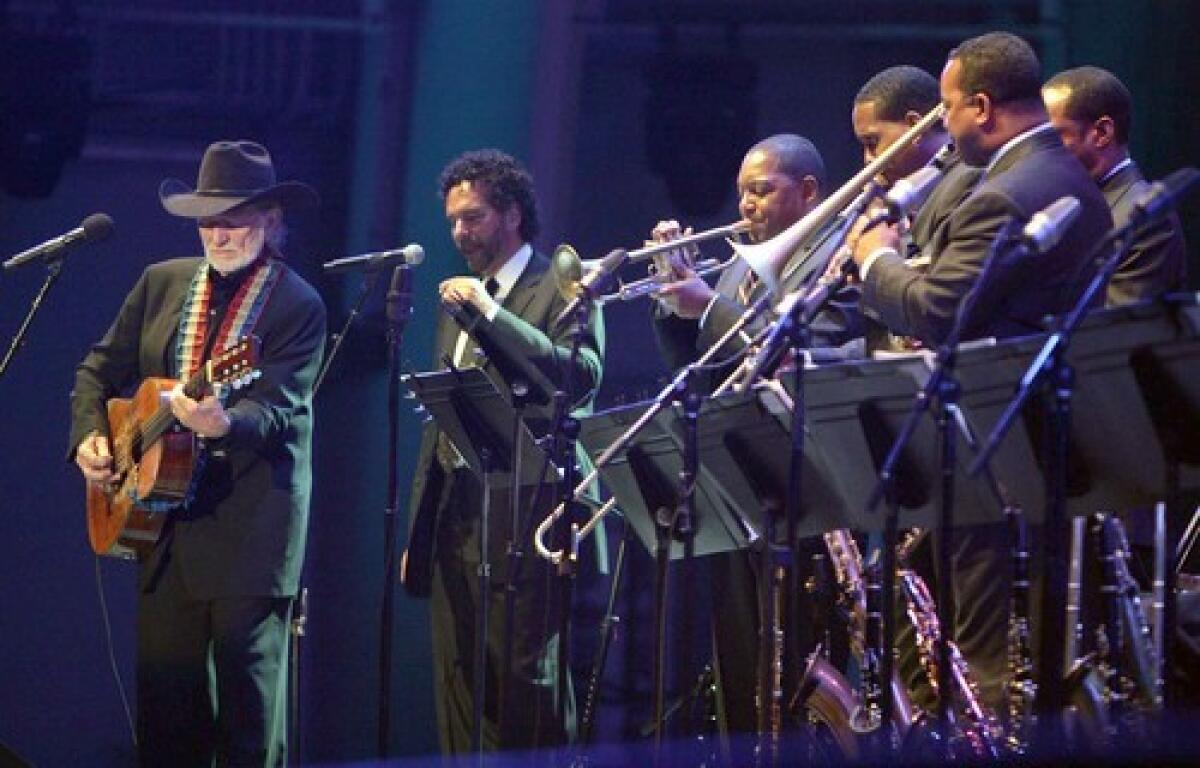 SERENDIPITOUS: Willie Nelson performs with Wynton Marsalis, third from left, and the Lincoln Center Jazz Orchestra.