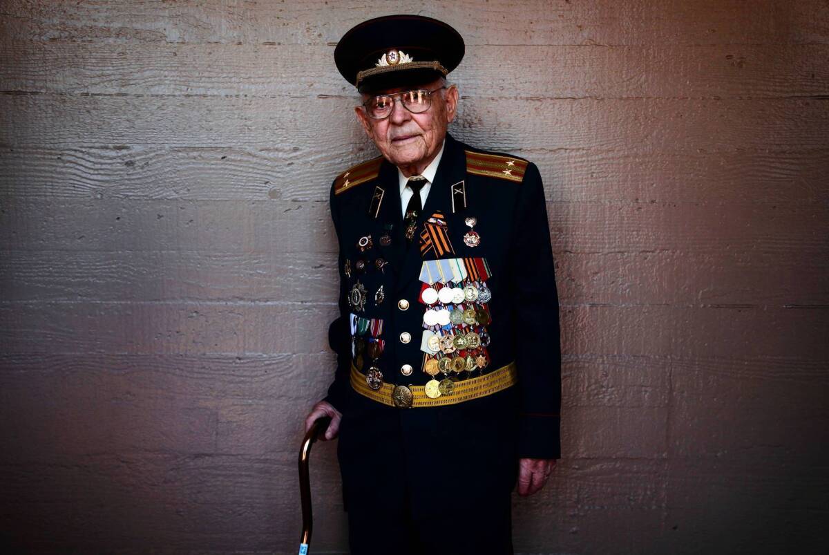 Yefim Stolyarskiy, 90, wore his heavily decorated Soviet Army uniform proudly at the celebration of the 68th anniversary of Victory Day.