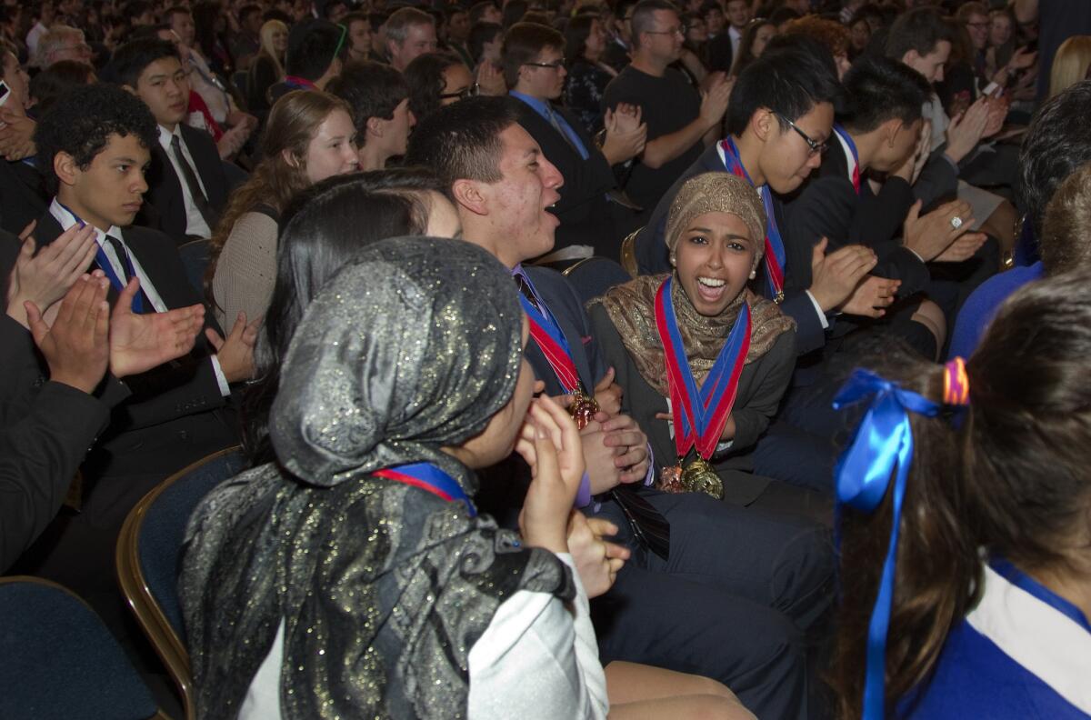 El Camino Real Charter team members exult after winning the state Academic Decathlon at Memorial Auditorium in Sacramento.