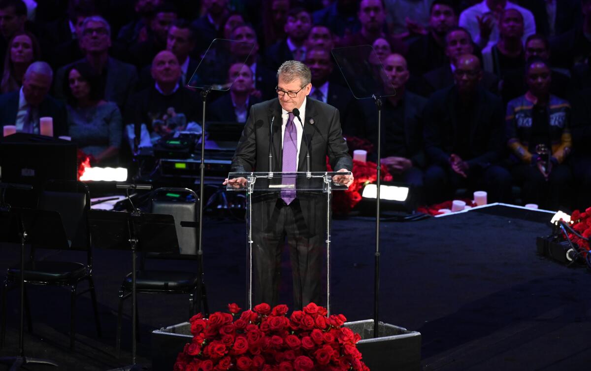 Connecticut women's basketball coach Geno Auriemma speaks at the Kobe & Gianna Bryant Celebration of Life on Monday at Staples Center.