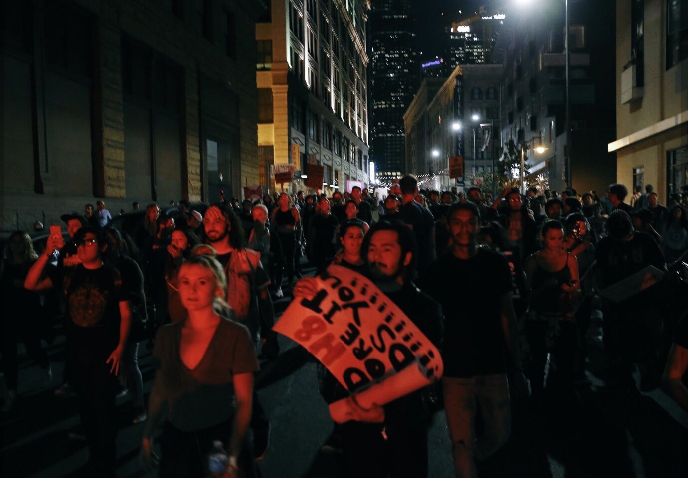 Protesters walk the streets of downtown Los Angeles, rallying against the election of Donald Trump.