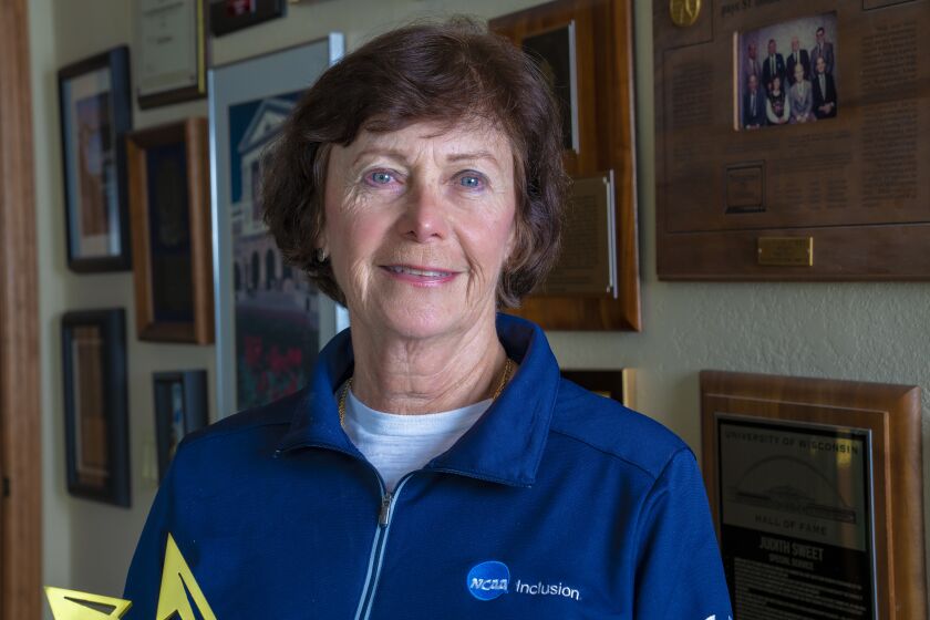 Judy Sweet, former athletic director at UCSD and a pioneer in women's athletics, is being honored next week by the Hall of Champions. She arrived at UC San Diego 1973, and was selected to be the athletic director in 1975, where she remained as director until 2000.