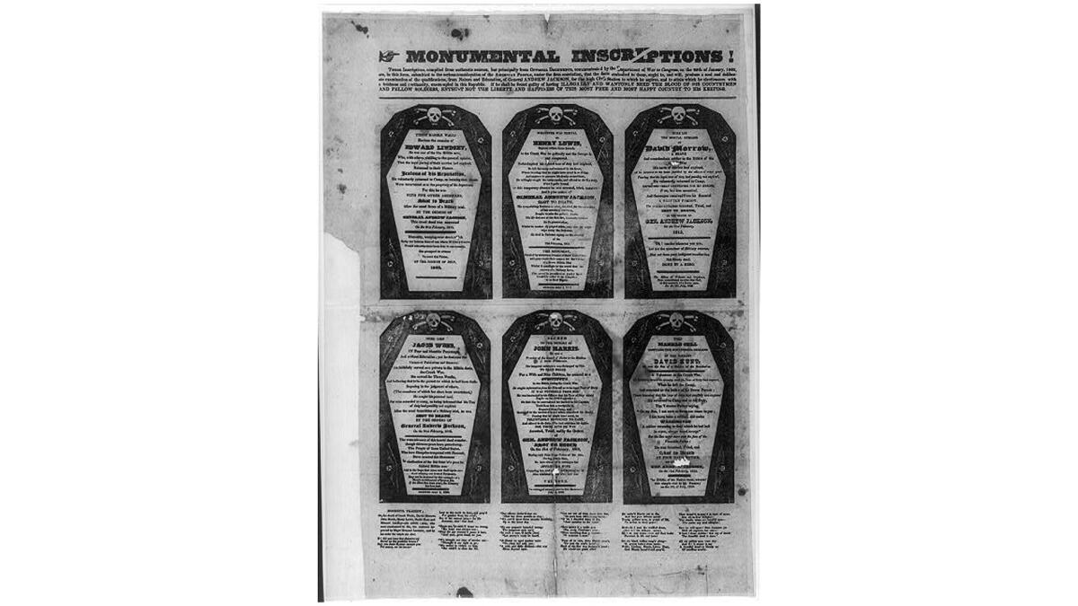 President John Quincy Adams’ supporters created a series of pamphlets called the “coffin handbills” attacking Tennessee war hero Andrew Jackson, who was running for president against Adams. The handbills depict six military executions ordered by Jackson in 1815. (Library of Congress)
