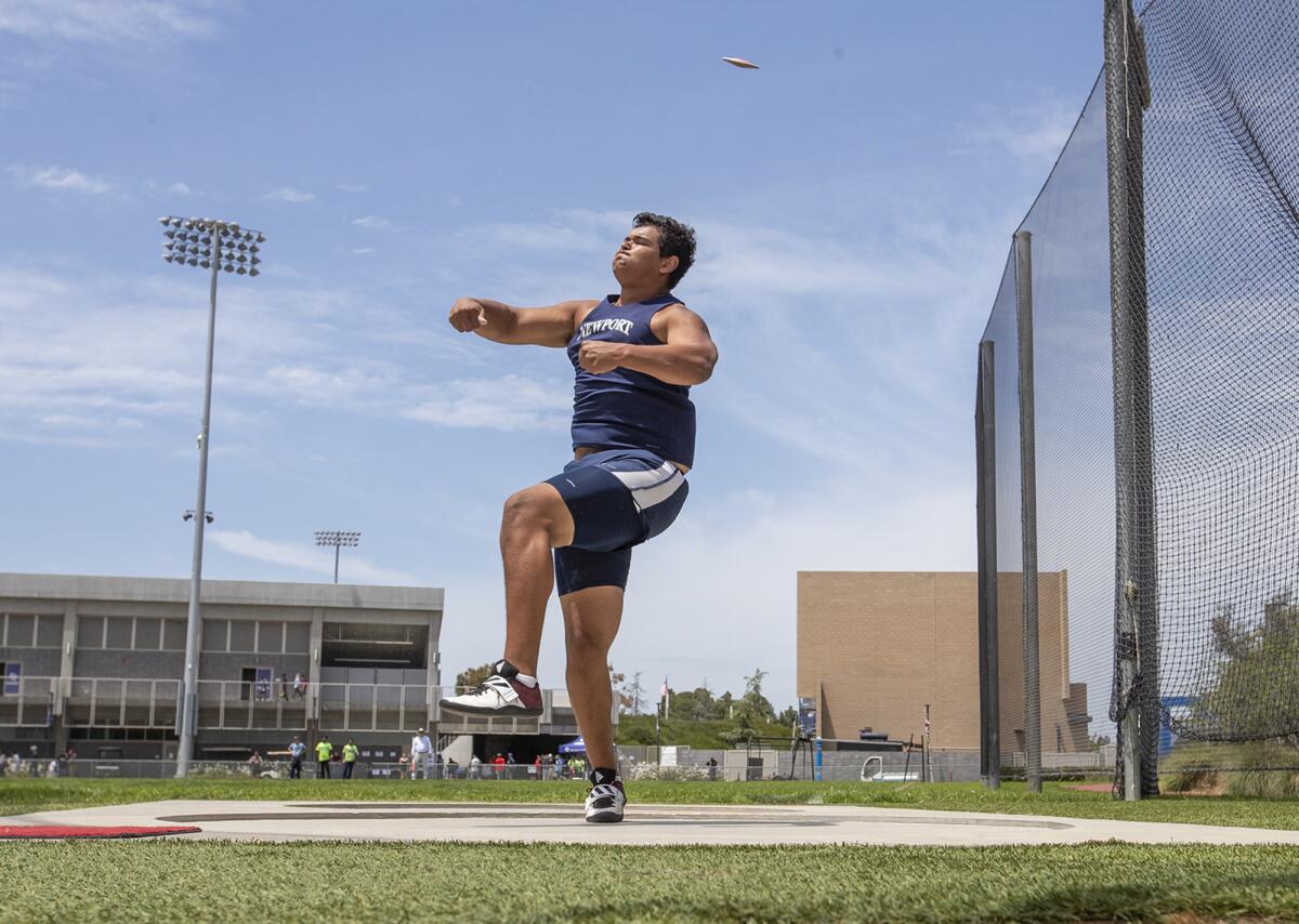 Newport Harbor's Aidan Elbettar, pictured competing in the discus throw on May 18, 2019, won the discus and shotput events in Wednesday's Wave League dual meet against Marina.