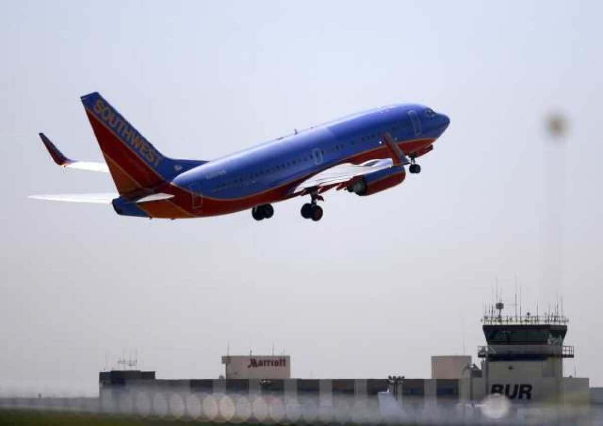 A Southwest Airlines plane takes off from the Bob Hope Airport.