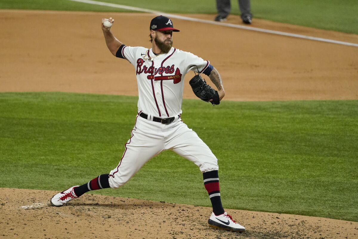 Atlanta Braves relief pitcher Shane Greene delivers during the fifth inning against the Dodgers.