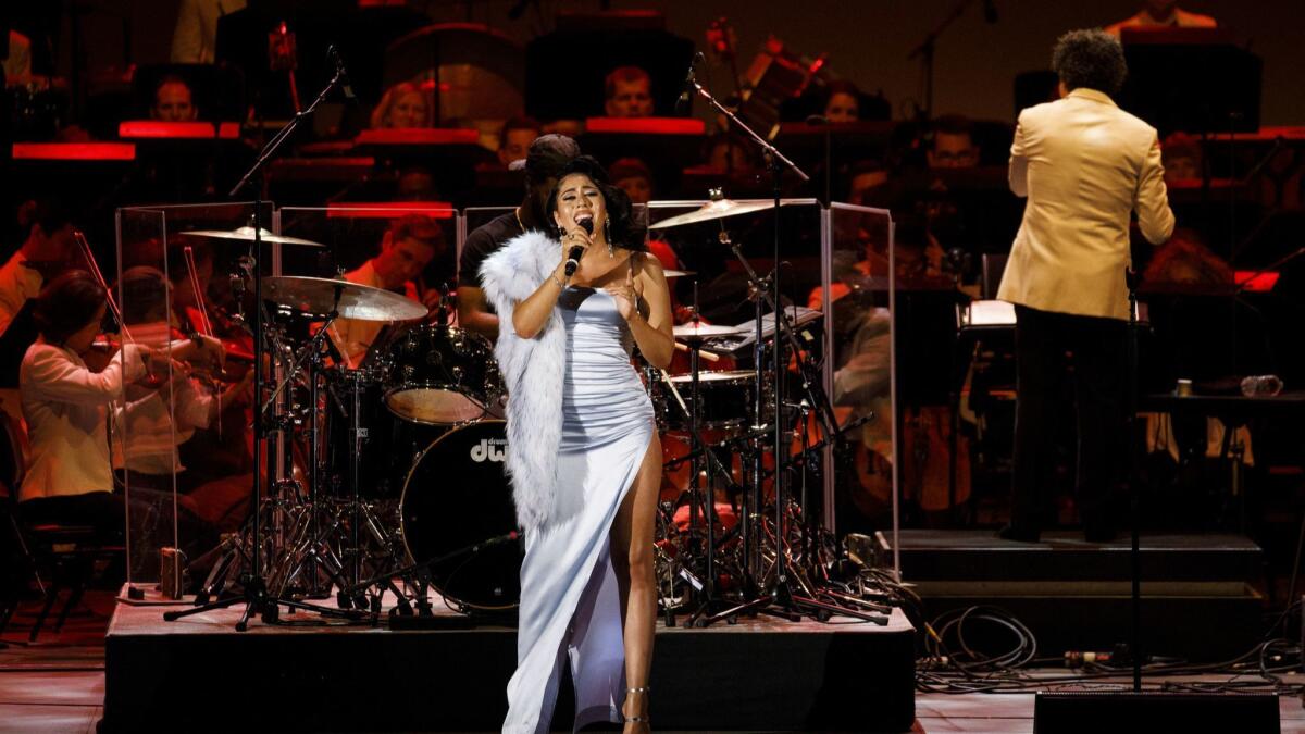 Kali Uchis performs as Gustavo Dudamel conducts the LA Philharmonic 100th anniversary concert at the Hollywood Bowl earlier this year.