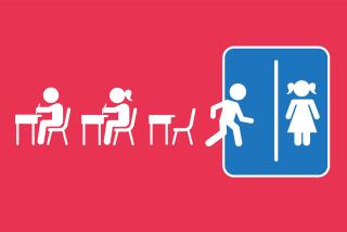 pictogram illustration of students in a classroom with one leaving their desk to visit the bathroom sign
