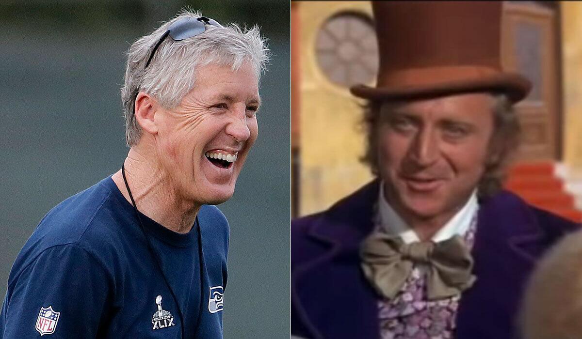 Seattle Seahawks Coach Pete Carroll, left, reminds one of his players of Willy Wonka, played by Gene Wilder in the 1971 movie "Willy Wonka & the Chocolate Factory."