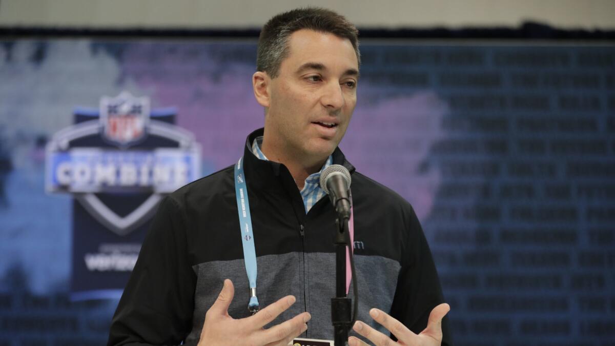 Los Angeles Chargers general manager Tom Telesco speaks during a news conference at the NFL scouting combine on Feb. 28.