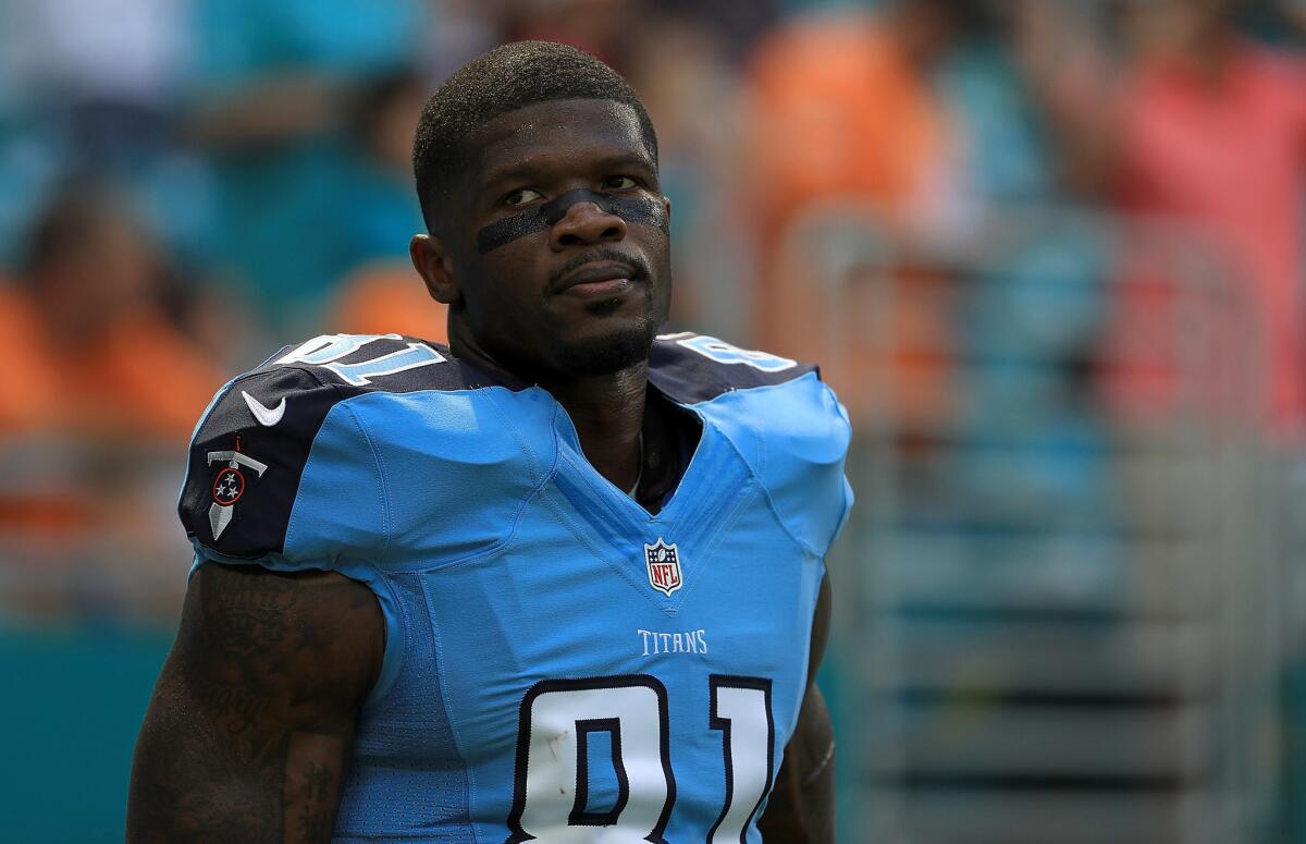 Tennessee receiver Andre Johnson looks on during a game against Miami on Oct. 9.