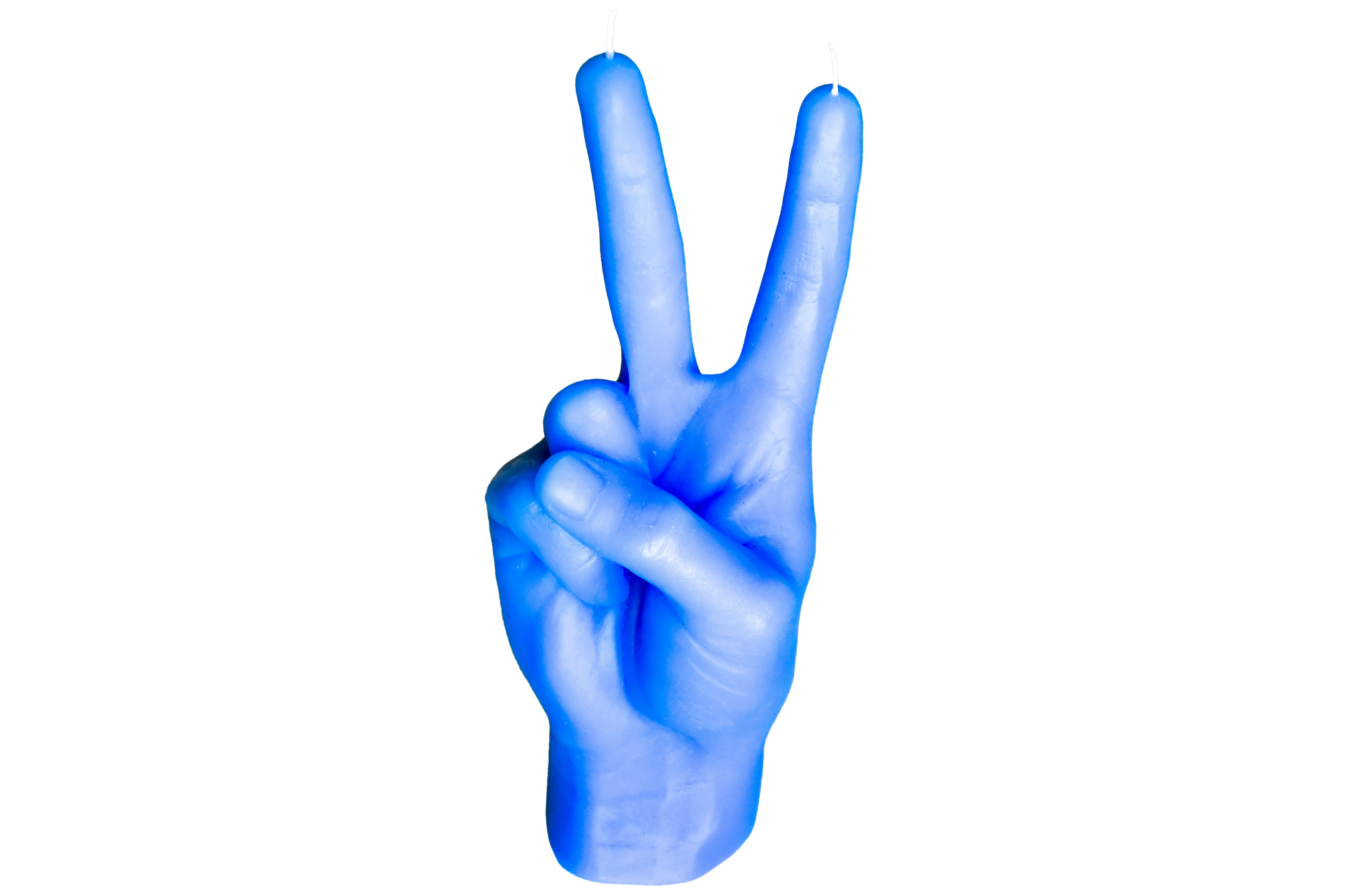 A blue candle in the shape of a hand giving a peace sign