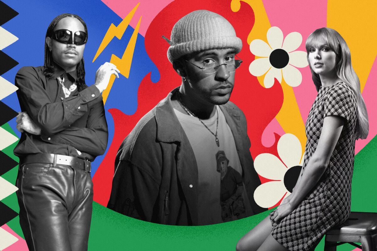 Steve Lacy, Bad Bunny and Taylor Swift on a colorful background with flowers, thunderbolts and other shapes