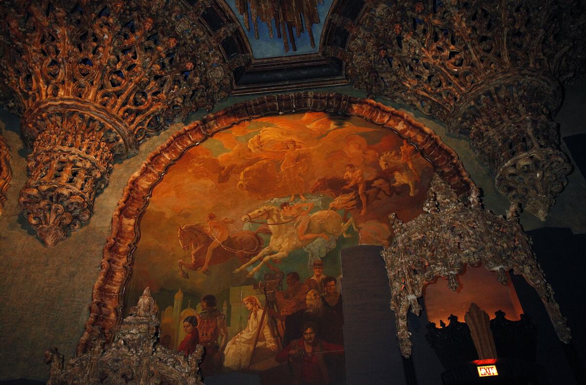 Murals on the interior walls of the United Artists Theater inside the Ace Hotel Downtown Los Angeles.