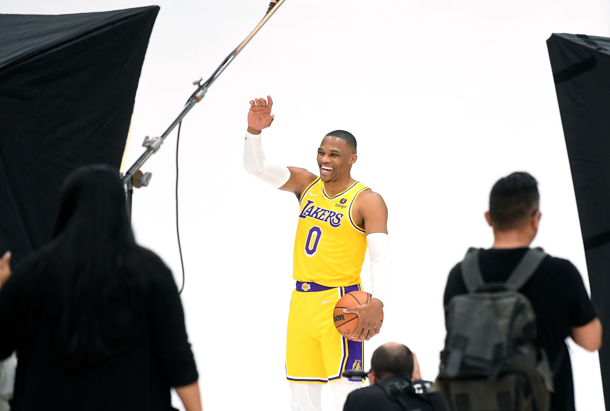 Lakers Russell Westbrook prepares for a photo shoot during media day.