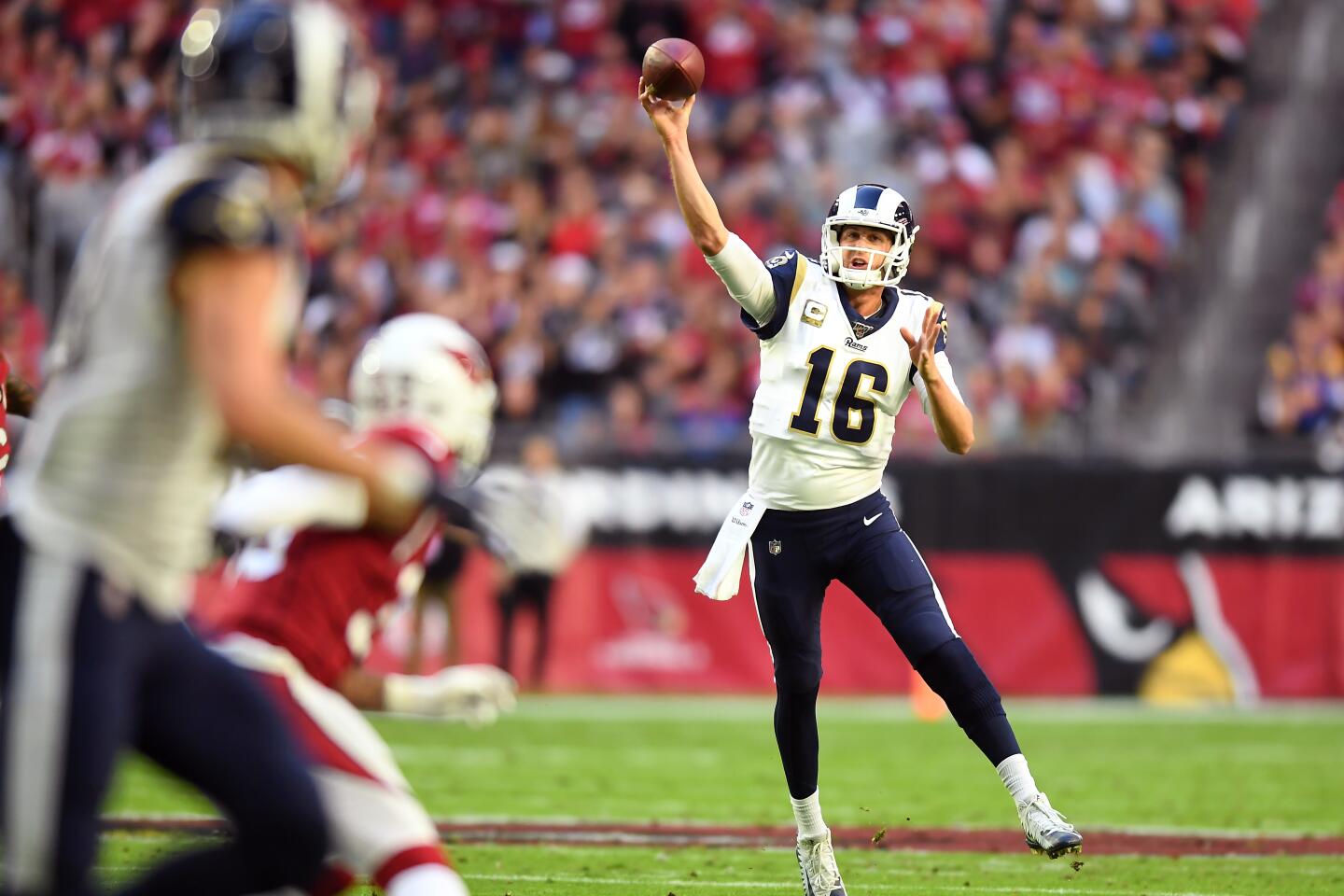 Rams quarterback Jared Goff completes a pass to receiver Cooper Kupp.