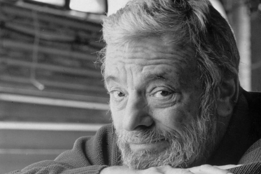10th March 1994, Headshot portrait of American composer and lyricist Stephen Sondheim, resting his chin on his arms, backstage at the Plymouth Theater in New York City . Sondheim's play 'Passion' was performed at the theater. (Photo by Fred R. Conrad/New York Times Co./Getty Images)