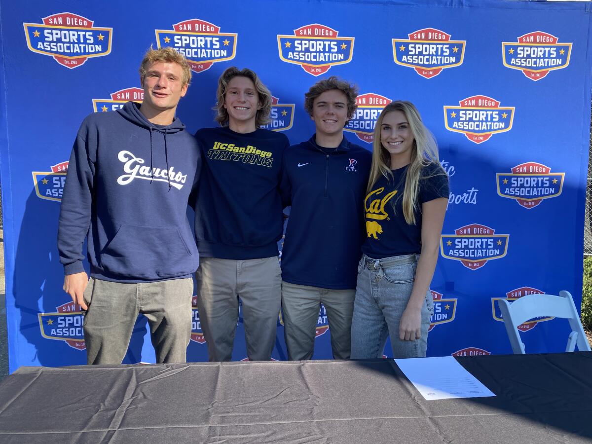 La Jolla High School Vikings Levi Lentin, Rhys Bugelli, Tynan Walsh and Alexandria Young participate in National Signing Day.