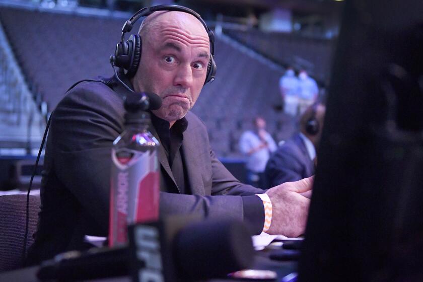 JACKSONVILLE, FLORIDA - MAY 09: Announcer Joe Rogan reacts during UFC 249 at VyStar Veterans Memorial Arena on May 09, 2020 in Jacksonville, Florida. (Photo by Douglas P. DeFelice/Getty Images)