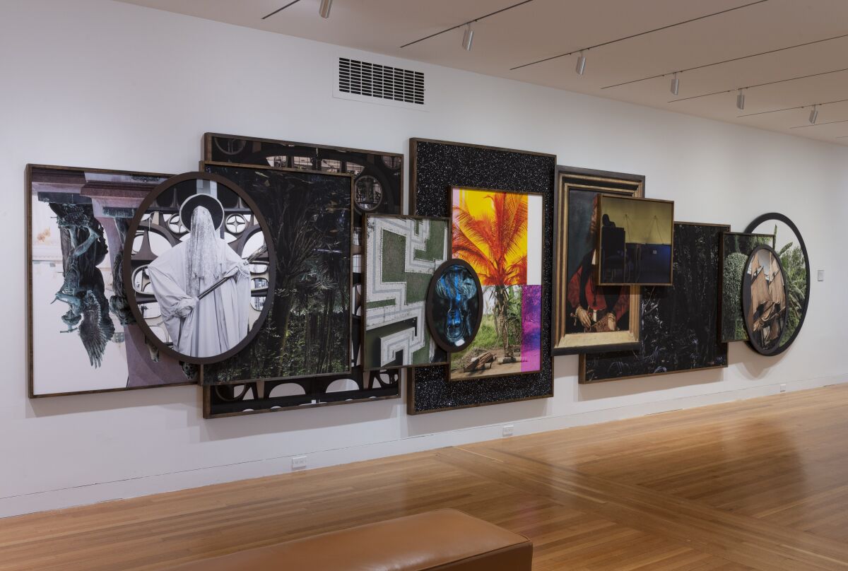 A large-scale Todd Gray photo collage features 14 framed images of statues and gardens superimposed over each other.