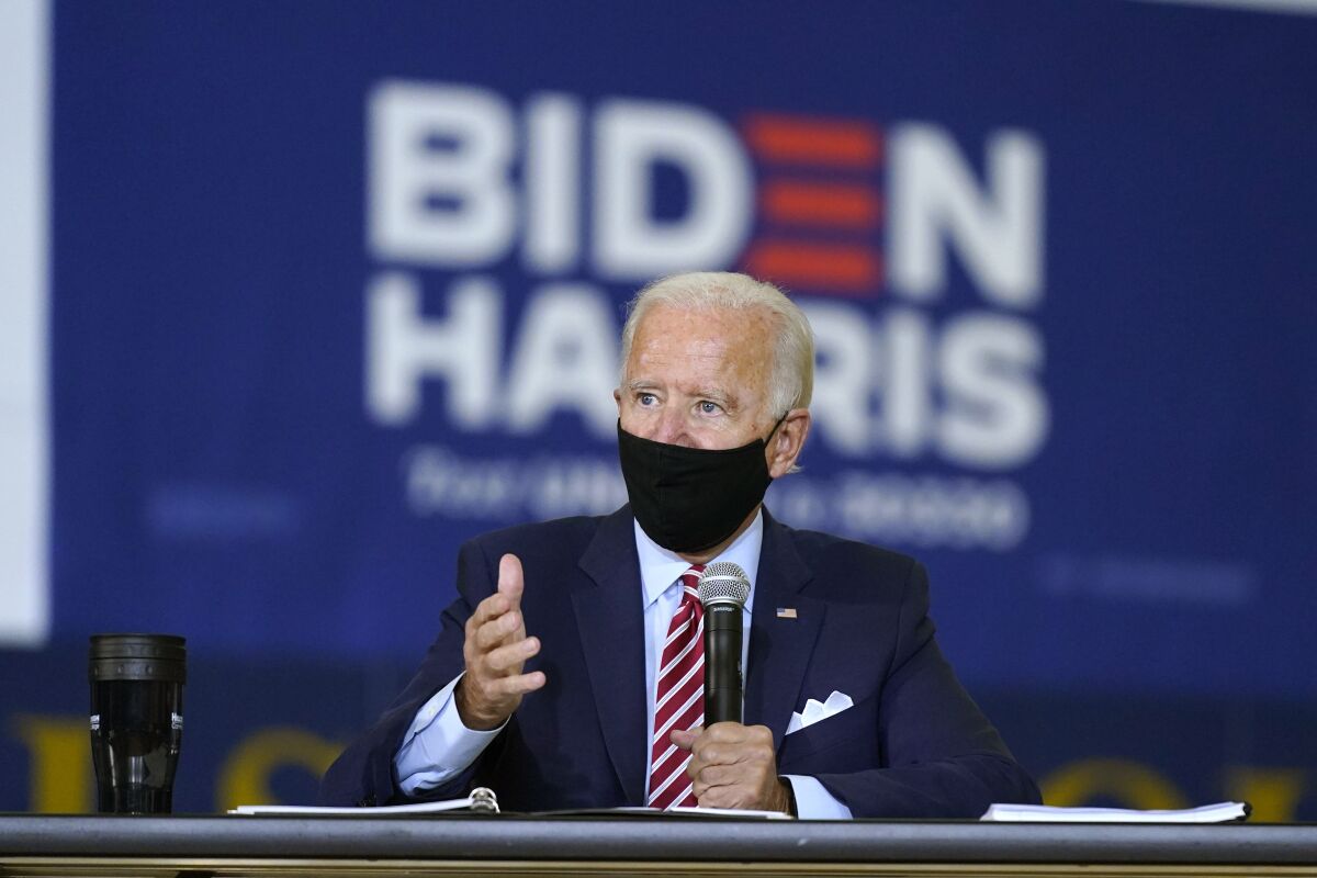Democratic presidential candidate Joe Biden speaks during a roundtable discussion with veterans in Tampa, Fla.