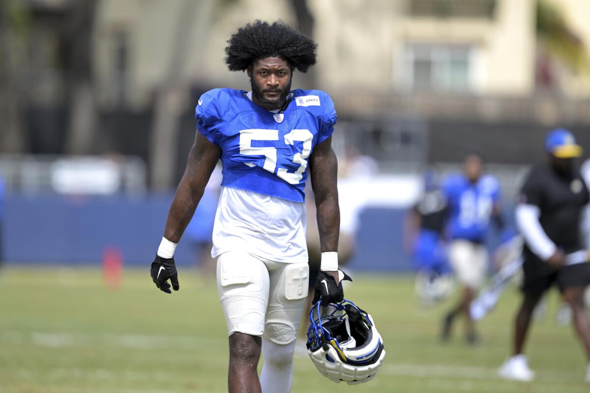 Rams linebacker Ernest Jones IV walks off the practice field.