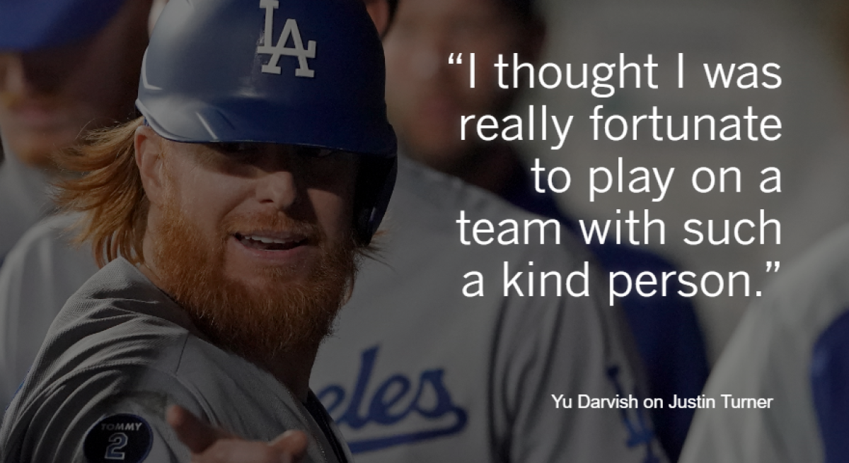 Meme featuring image of Justin Turner and the Yu Darvish quote, 'I was really fortunate to play ... with such a kind person.'