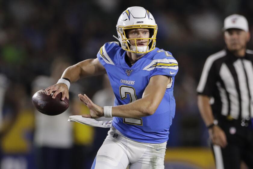 Los Angeles Chargers quarterback Easton Stick during the second half of a preseason NFL football game against the Seattle Seahawks Saturday, Aug. 24, 2019, in Carson, Calif. (AP Photo/Gregory Bull)