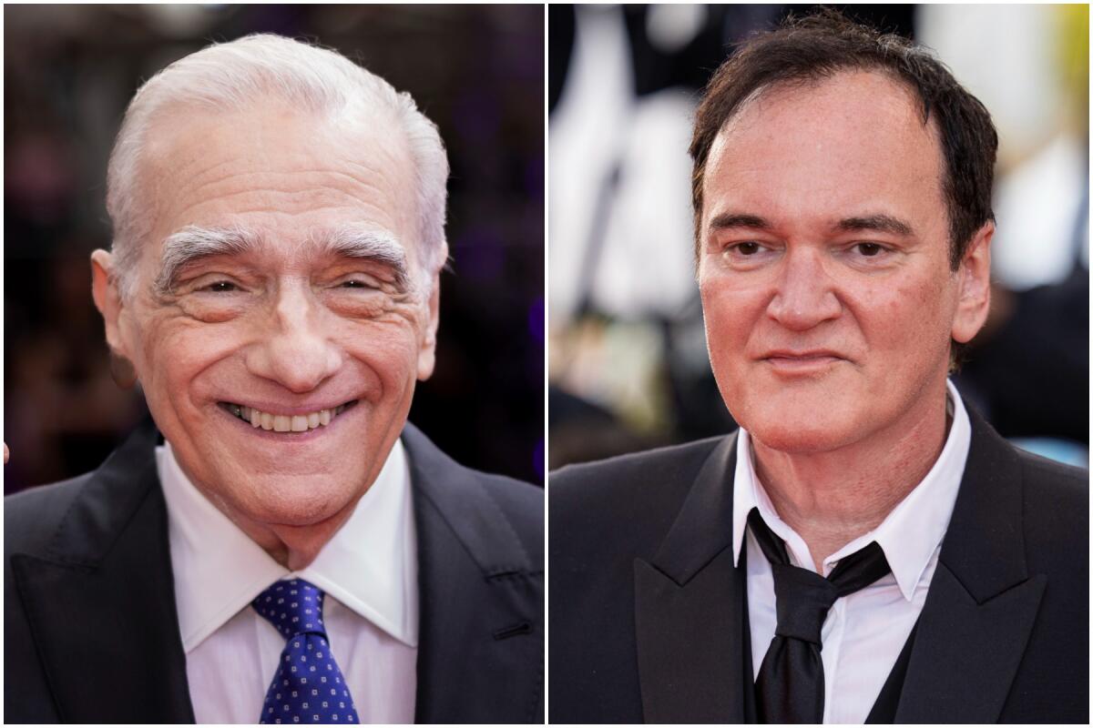 Separate headshots of Martin Scorsese in a black blazer and blue tie and Quentin Tarantino in a black suit