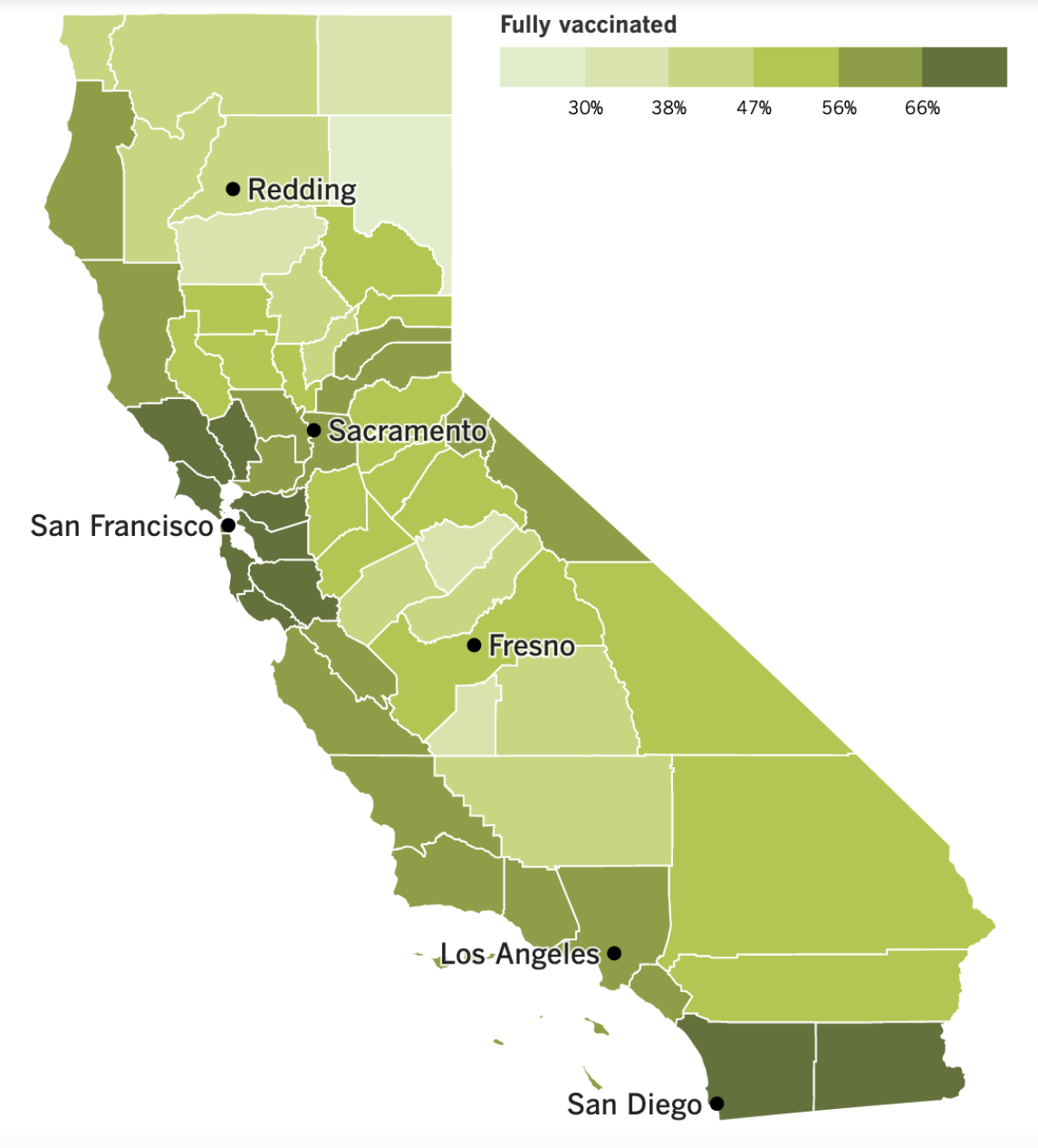 A map of California's vaccination progress by county.