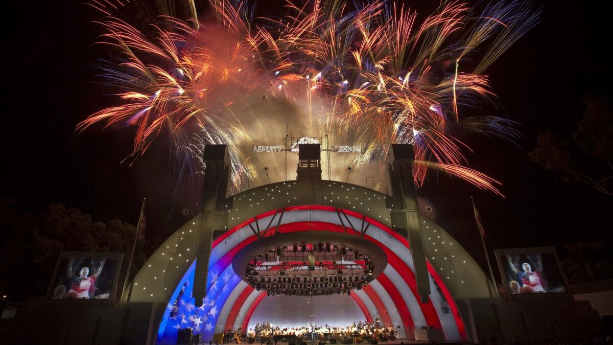 Fireworks explode over the Hollywood Bowl on the Fourth of July.