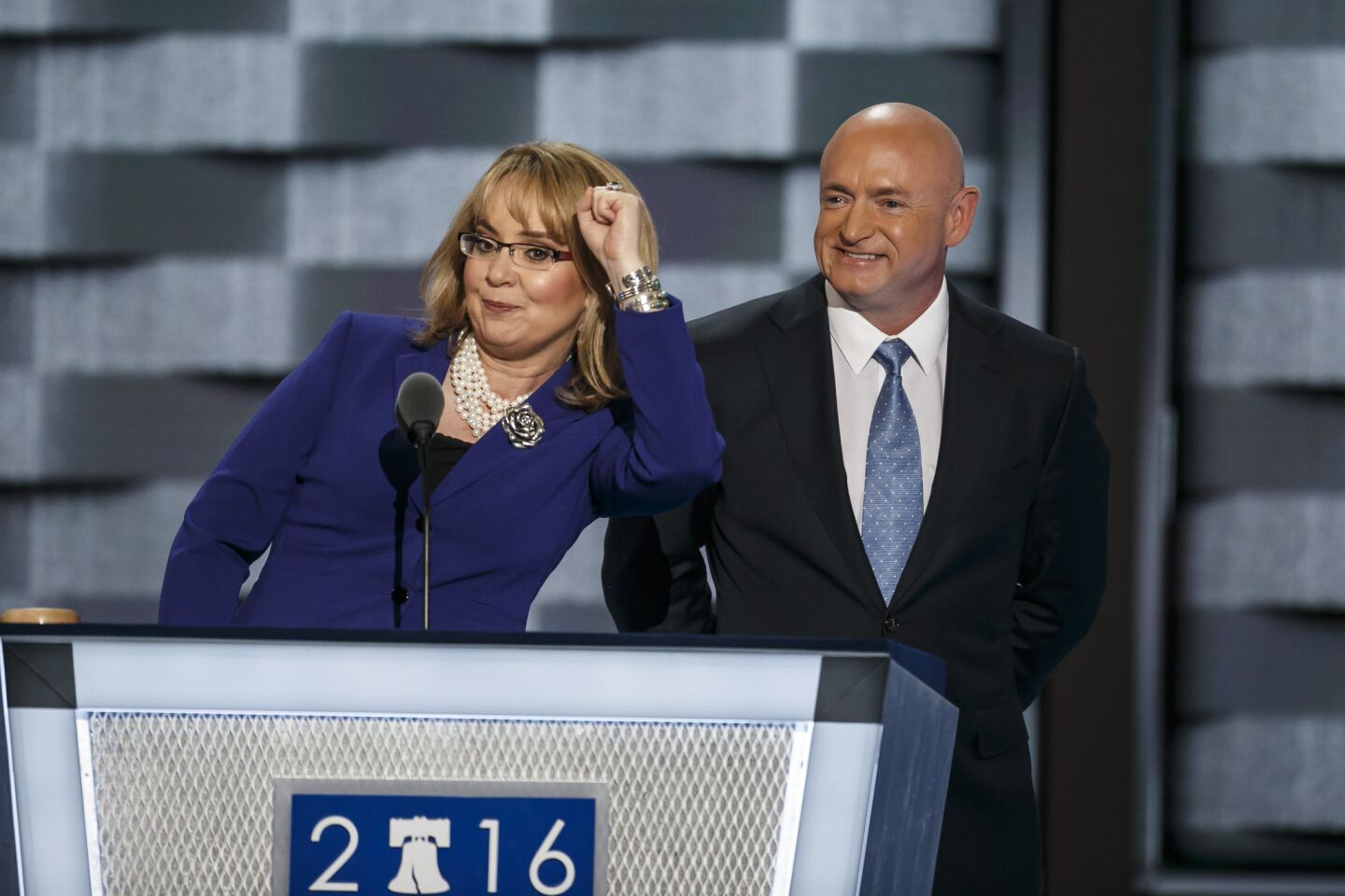 PHILADELPHIA, PA. -- WEDNESDAY, JULY 27, 2016: Gabby Giffords and Mark Kelly speak at the 2016 Democratic National Convention.