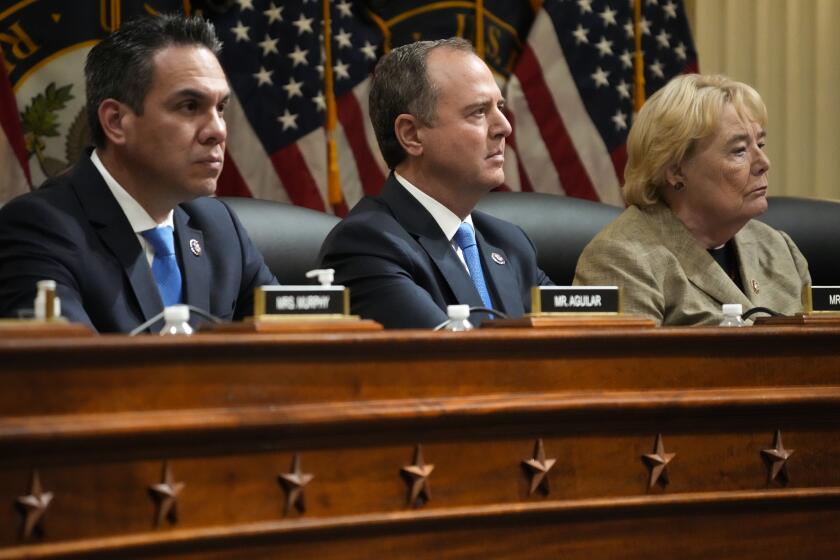 WASHINGTON, DC - JUNE 09: Rep. Pete Aguilar (D-Redlands), Rep. Adam B. Schiff (D-Burbank),and Rep. Zoe Lofgren (D-San Jose) during a House Select Committee to Investigate the January 6th hearing in the Cannon House Office Building on Thursday, June 9, 2022 in Washington, DC. The bipartisan Select Committee to Investigate the January 6th Attack On the United States Capitol has spent nearly a year conducting more than 1,000 interviews, reviewed more than 140,000 documents day of the attack. (Kent Nishimura / Los Angeles Times)