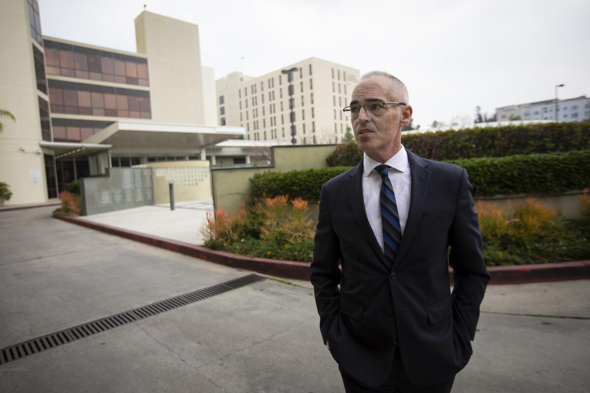 L.A. City Councilmember Mitch O'Farrell speaks outside St. Vincent Medical Center in 2020. 