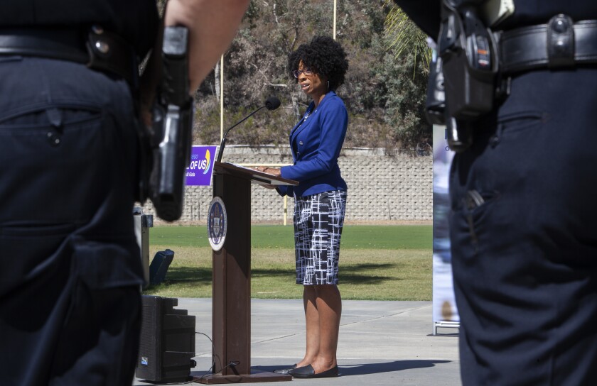 City Councilmember Monica Montgomery Steppe speaks at a press conference in 2021.