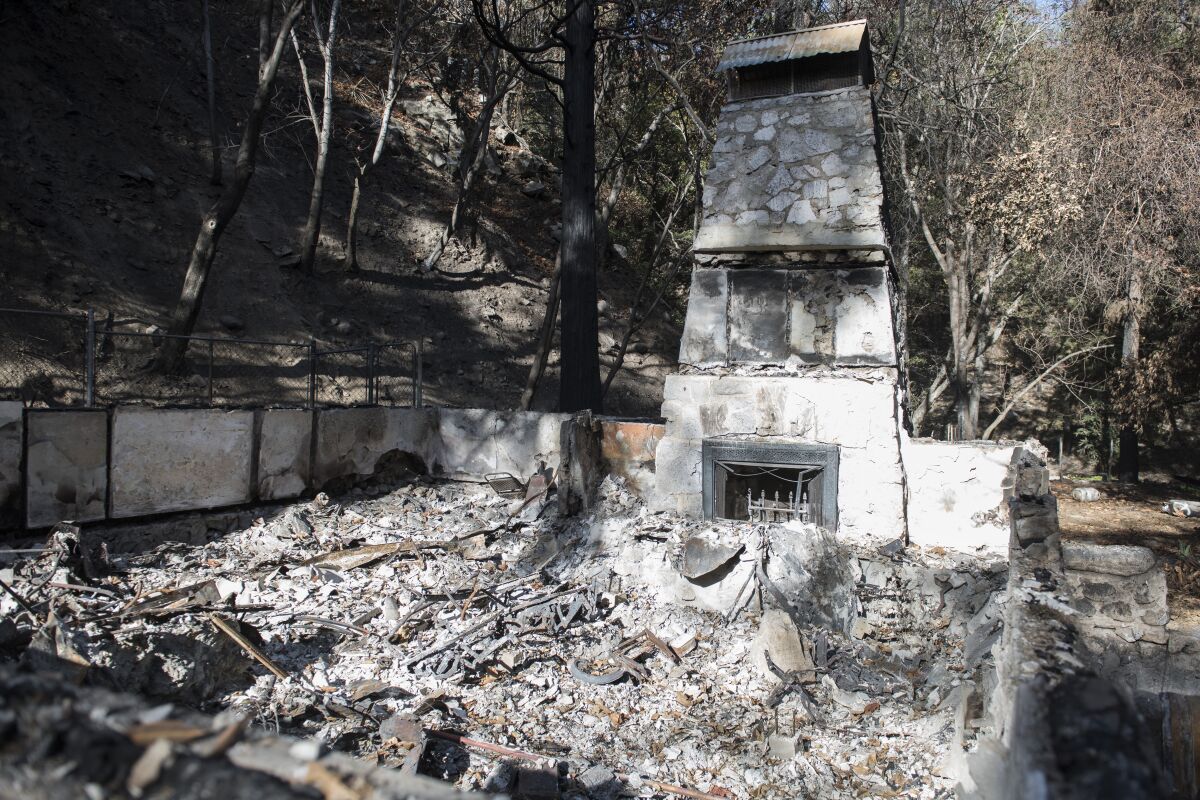 The remains of a historic cabin destroyed by the Bobcat fire.