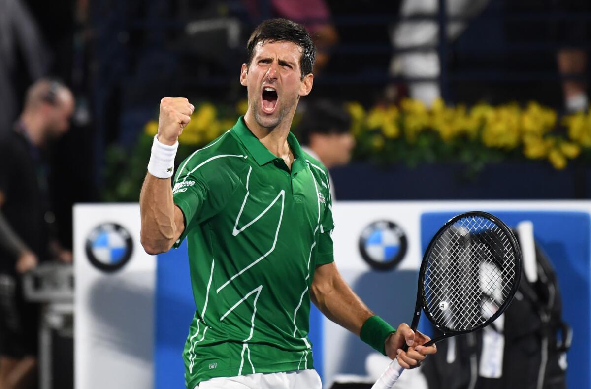 Novak Djokovic after defeating Stefanos Tsitsipas for the men's singles title at the Dubai championship.