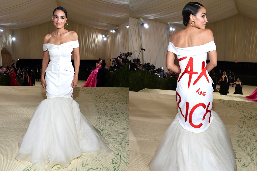 A front and back photo of Alexandria Ocasio-Cortez at the Met Gala.