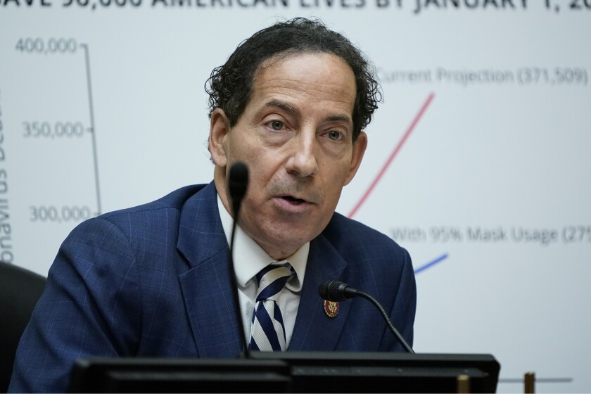 FILE - In this Oc. 2, 2020, file photo Rep. Jamie Raskin, D-Md., speaks as Secretary of Health and Human Services Alex Azar testifies to the House Select Subcommittee on the Coronavirus Crisis, on Capitol Hill in Washington. After a violent mob launched a deadly insurrection at the U.S. Capitol that forced Raskin and his colleagues to evacuate. the Maryland Democrat and former constitutional law professor is leading the effort to remove President Donald Trump from office for inciting the riot. (AP Photo/J. Scott Applewhite, Pool, File)